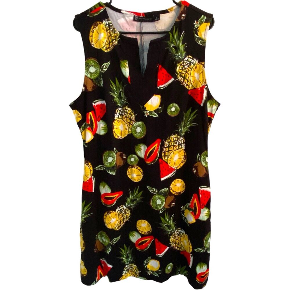 New York & Company Dress Size XL Fruit Print Sleeveless V-Neck Cotton Black - Picture 2 of 9